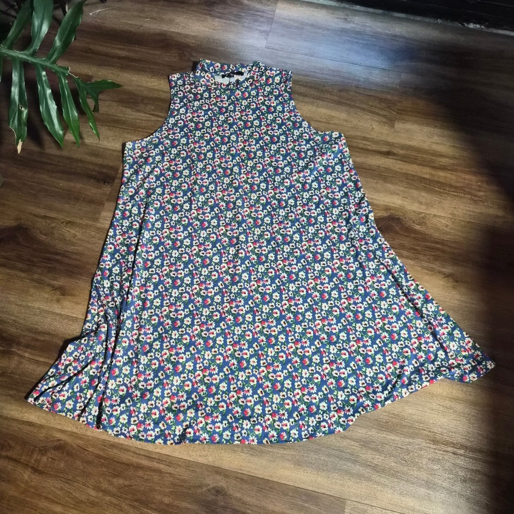 Vibe Sportswear Blue Floral Mock Neck Sleeveless Swing Mini Dress 2X Cottagecore